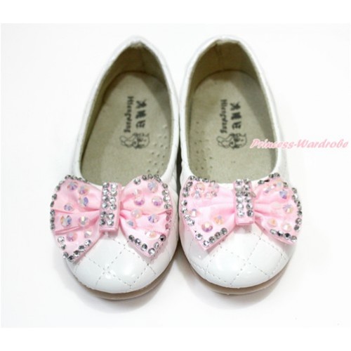 Light Pink Sparkle Crystal Bling Rhinestone Bow With White Patent Leather Slip On Girl School Casual Shoes 898White-1 