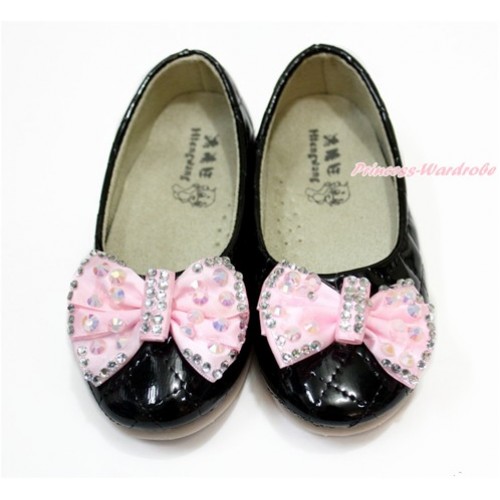 Light Pink Sparkle Crystal Bling Rhinestone Bow With Black Patent Leather Slip On Girl School Casual Shoes 898Black-1 