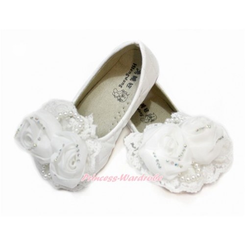 White Pearl Rose With White Patent Leather Slip On Girl School Casual Shoes 898White-2 