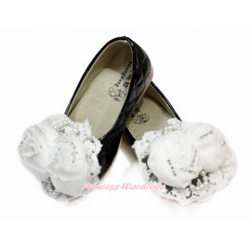 White Pearl Rose With Black Patent Leather Slip On Girl School Casual Shoes 898Black-2 