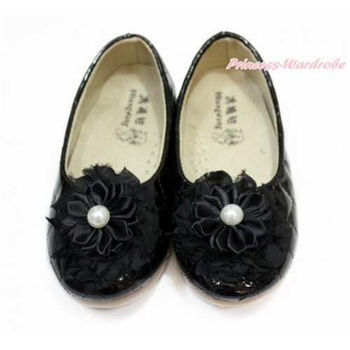 Black Pearl Flower With Black Patent Leather Slip On Girl School Casual Shoes 898Black-3 