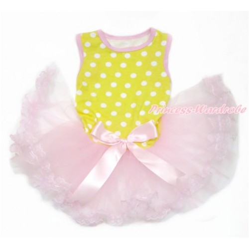 Yellow White Dots Sleeveless Light Pink Lace Gauze Skirt With Light Pink Bow Elegent Pet Dress DC116 
