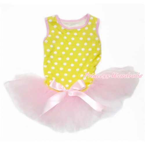 Yellow White Dots Sleeveless Light Pink Gauze Skirt With Light Pink Bow Pet Dress DC117 