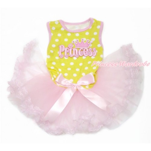 Yellow White Dots Sleeveless Light Pink Lace Gauze Skirt With Princess Print With Light Pink Bow Elegent Pet Dress DC131 