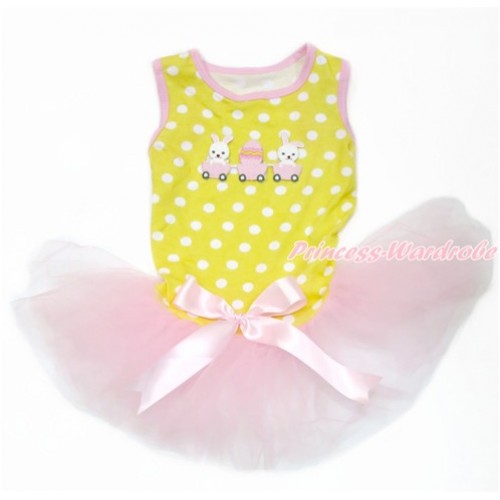 Easter Yellow White Dots Sleeveless Light Pink Gauze Skirt With Bunny Rabbit Egg Print With Light Pink Bow Pet Dress DC132 