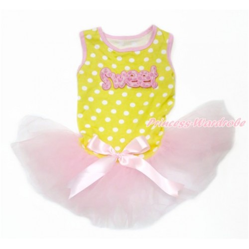 Yellow White Dots Sleeveless Light Pink Gauze Skirt With Sweet Print With Light Pink Bow Pet Dress DC134 
