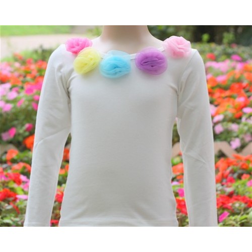 White Long Sleeves Tops with Rainbow Rosettes T22 