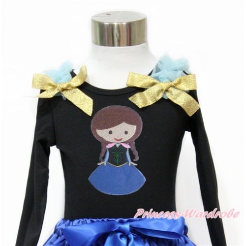 Black Long Sleeves Top With Light Blue Ruffles & Sparkle Goldenrod Bow with Princess Anna Print TO356 