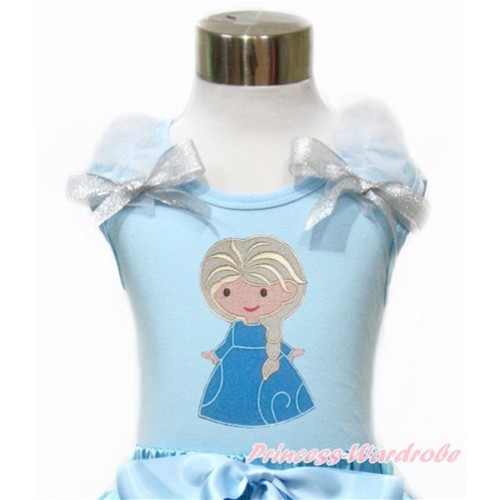 Light Blue Tank Top With White Ruffles & Sparkle Silver Grey Bow With Princess Elsa Print TM259 