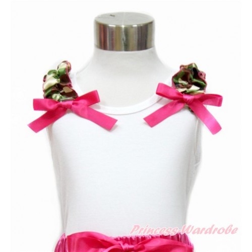 White Tank Top with Camouflage Ruffles and Hot Pink Bow TB759 