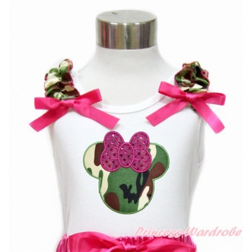 White Tank Top With Camouflage Ruffles & Hot Pink Bow With Sparkle Hot Pink Camouflage Minnie Print TB765 