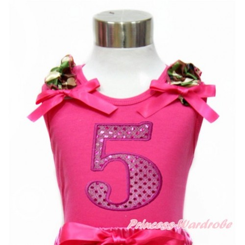 Hot Pink Tank Top with Camouflage Ruffles & Hot Pink Bow With 5th Sparkle Hot Pink Birthday Number Print TM265 