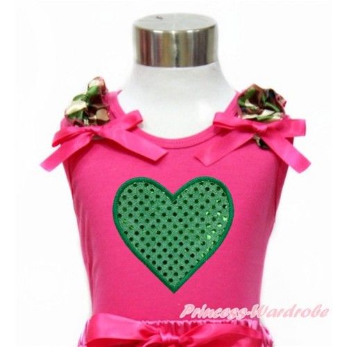 Valentine's Day Hot Pink Tank Top with Camouflage Ruffles & Hot Pink Bow With Sparkle Kelly Green Heart Print TM267 