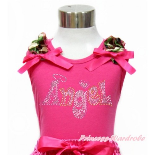 Hot Pink Tank Top with Camouflage Ruffles & Hot Pink Bow With Sparkle Crystal Bling Rhinestone Angel Print TM268 