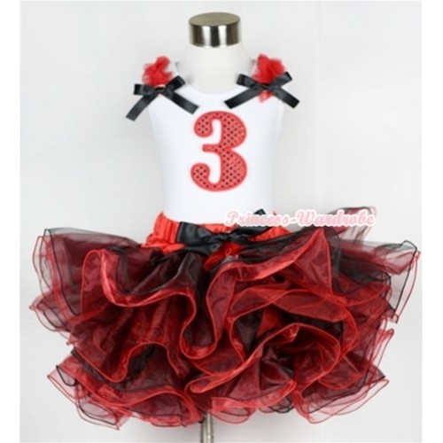 White Tank Top with 3rd Sparkle Red Birthday Number Print with Red Ruffles & Black Bow & Black Bow Red Black 8 Layers Pettiskirt MG577 