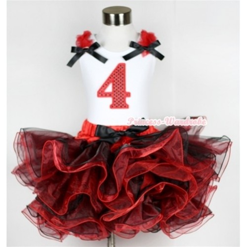 White Tank Top with 4th Sparkle Red Birthday Number Print with Red Ruffles & Black Bow & Black Bow Red Black 8 Layers Pettiskirt MG578 