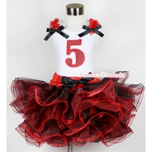 White Tank Top with 5th Sparkle Red Birthday Number Print with Red Ruffles & Black Bow & Black Bow Red Black 8 Layers Pettiskirt MG579 
