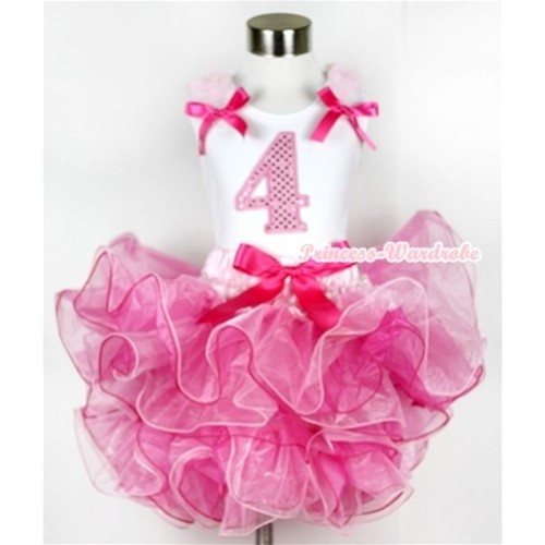 White Tank Top with 4th Sparkle Light Pink Birthday Number Print with Light Pink Ruffles & Hot Pink Bow & Hot Pink Bow Hot Light Pink 8 Layers Pettiskirt MG585 