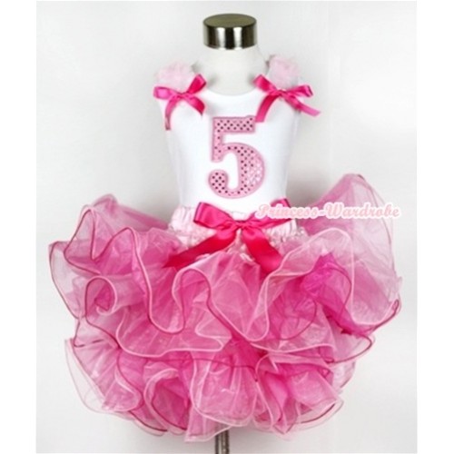 White Tank Top with 5th Sparkle Light Pink Birthday Number Print with Light Pink Ruffles & Hot Pink Bow & Hot Pink Bow Hot Light Pink 8 Layers Pettiskirt MG586 