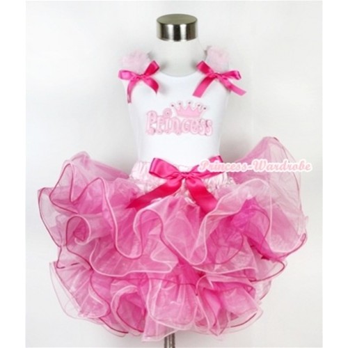 White Tank Top with Princess Print with Light Pink Ruffles & Hot Pink Bow & Hot Pink Bow Hot Light Pink 8 Layers Pettiskirt MG587 