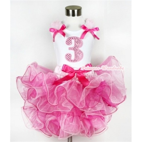 White Tank Top with 3rd Sparkle Light Pink Birthday Number Print with Light Pink Ruffles & Hot Pink Bow & Hot Pink Bow Hot Light Pink 8 Layers Pettiskirt MG584 