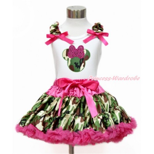 White Tank Top with Camouflage Ruffles & Hot Pink Bow with Sparkle Hot Pink Camouflage Minnie Print & Hot Pink Camouflage Pettiskirt MG1165 