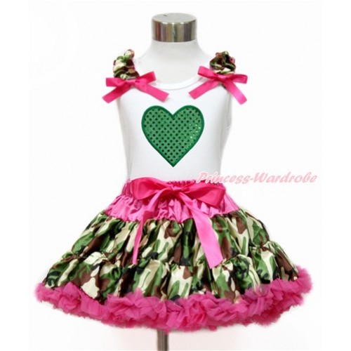 Valentine's Day White Tank Top with Camouflage Ruffles & Hot Pink Bow with Sparkle Kelly Green Heart Print & Hot Pink Camouflage Pettiskirt MG1166 