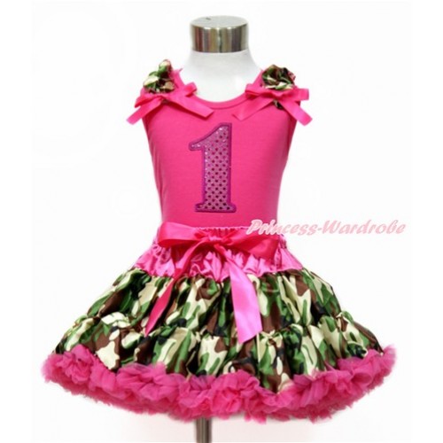 Hot Pink Tank Top with Camouflage Ruffles & Hot Pink Bow with 1st Sparkle Hot Pink Birthday Number Print & Hot Pink Camouflage Pettiskirt MH201 