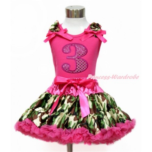 Hot Pink Tank Top with Camouflage Ruffles & Hot Pink Bow with 3rd Sparkle Hot Pink Birthday Number Print & Hot Pink Camouflage Pettiskirt MH203 