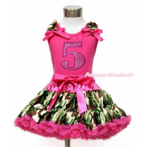 Hot Pink Tank Top with Camouflage Ruffles & Hot Pink Bow with 5th Sparkle Hot Pink Birthday Number Print & Hot Pink Camouflage Pettiskirt MH205 