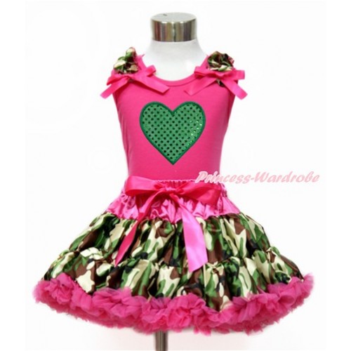 Valentine's Day Hot Pink Tank Top with Camouflage Ruffles & Hot Pink Bow with Sparkle Kelly Green Heart Print & Hot Pink Camouflage Pettiskirt MH207 