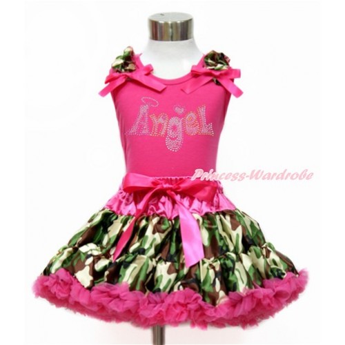 Hot Pink Tank Top with Camouflage Ruffles & Hot Pink Bow with Sparkle Crystal Bling Rhinestone Angel Print & Hot Pink Camouflage Pettiskirt MH208 