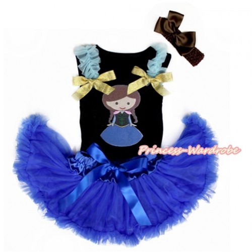Black Baby Pettitop with Light Blue Ruffles & Sparkle Goldenrod Bows with Princess Anna Print & Royal Blue Newborn Pettiskirt With Brown Headband Brown Silk Bow NG1461 
