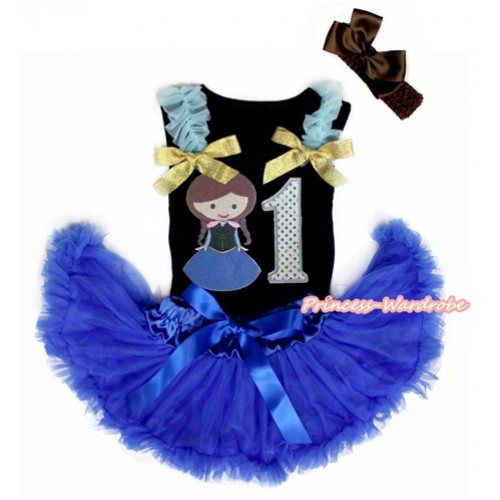 Black Baby Pettitop with Light Blue Ruffles & Sparkle Goldenrod Bows with Princess Anna & 1st Sparkle White Birthday Number Print & Royal Blue Newborn Pettiskirt With Brown Headband Brown Silk Bow NG1462 