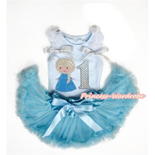 Light Blue Baby Pettitop with White Ruffles & Sparkle Silver Grey Bows with Princess Elsa & 1st Sparkle White Birthday Number Print with Light Blue Newborn Pettiskirt NG1464 