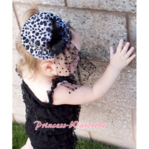 Black White Leopard Hat Clip with Black Feather Polka Dots net H189  