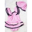 Light Pink Black Layer Sweet Swimming Suit with Cap SW47 