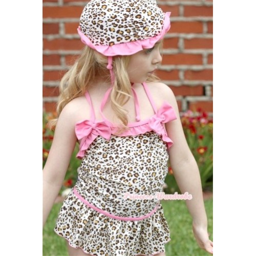 Light Pink Leopard Sweet Swimming Suit with Cap SW46 