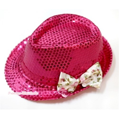 Sparkle Sequin Hot Pink Jazz Hat With Light Pink Rose Fusion Satin Bow H640 