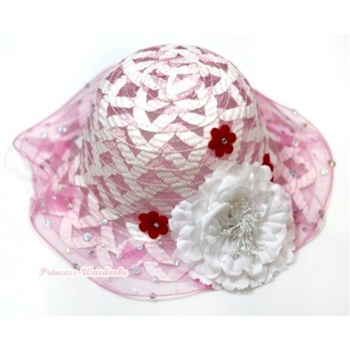 Light Pink White Crisscross Summer Beach Straw Hat With White Peony H643 