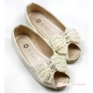 Ivory Cream White Pearl Bow Open Toe Shoes 138-13Beige 
