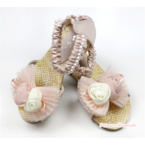Light Pink Rosettes Chiffon Bow Pearl Flat Ankle Sandals 2688-32Pink 