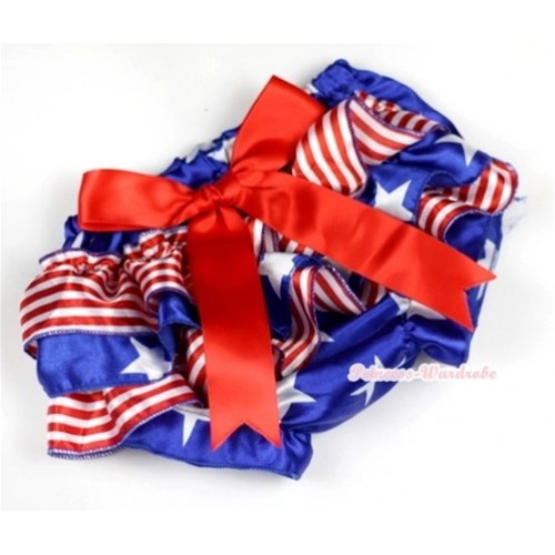 Patriotic American Stars Red White Striped Satin Layer Panties Bloomers With Red Big Bow BC134 