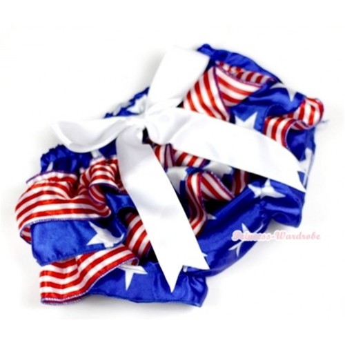Patriotic American Stars Red White Striped Satin Layer Panties Bloomers With White Big Bow BC136 