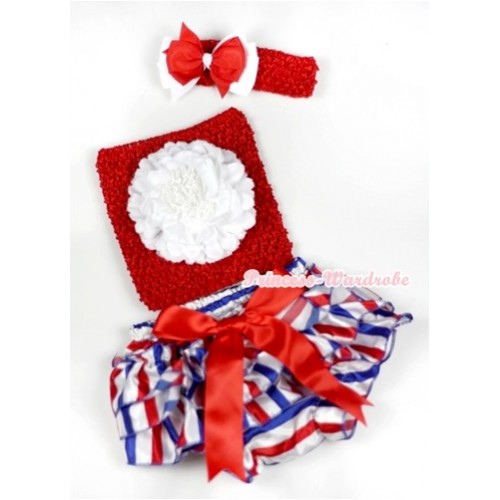 Red Big Bow Red White Royal Blue Striped Satin Bloomer ,White Peony Red Crochet Tube Top, Red Headband Red White Ribbon Bow 3PC Set CT549 