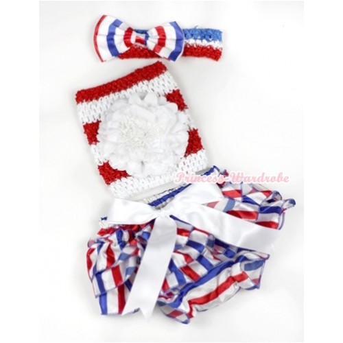 White Big Bow Red White Royal Blue Striped Satin Bloomer ,White Peony Red White Striped Crochet Tube Top,Red White Royal Blue Headband Red White Royal Blue Striped Satin Bow 3PC Set CT551 