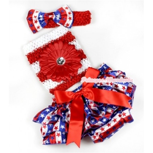 Red Big Bow Red White Royal Blue Striped Stars Satin Bloomer ,Red Flower Red White Striped Crochet Tube Top, Red Headband Red White Royal Blue Striped Stars Satin Bow 3PC Set CT555 