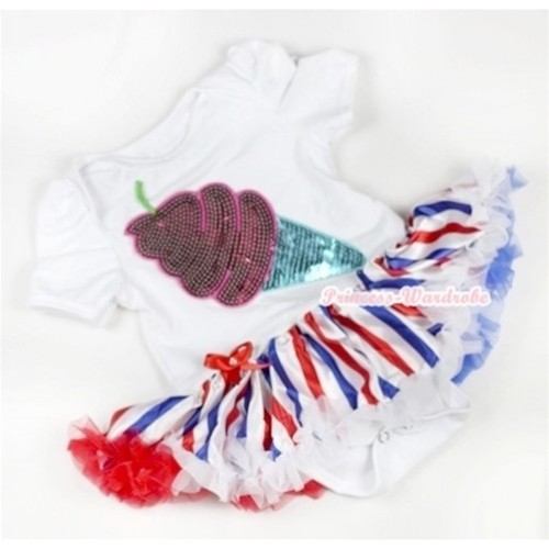 White Baby Jumpsuit Red White Royal Blue Striped Pettiskirt with Sparkle Ice Cream Print JS590 