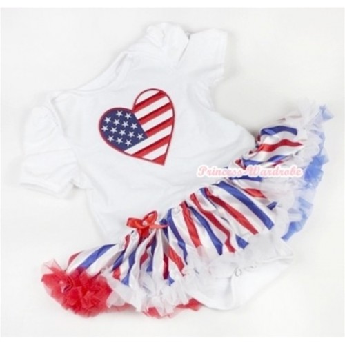 White Baby Jumpsuit Red White Royal Blue Striped Pettiskirt with Patriotic American Heart Print JS594 