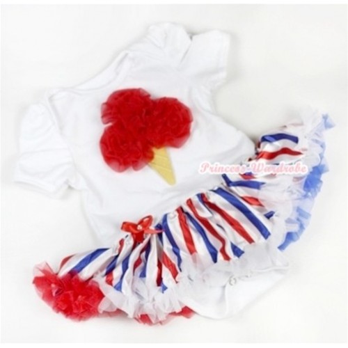 White Baby Jumpsuit Red White Royal Blue Striped Pettiskirt with Red Rosettes Ice Cream Print JS601 